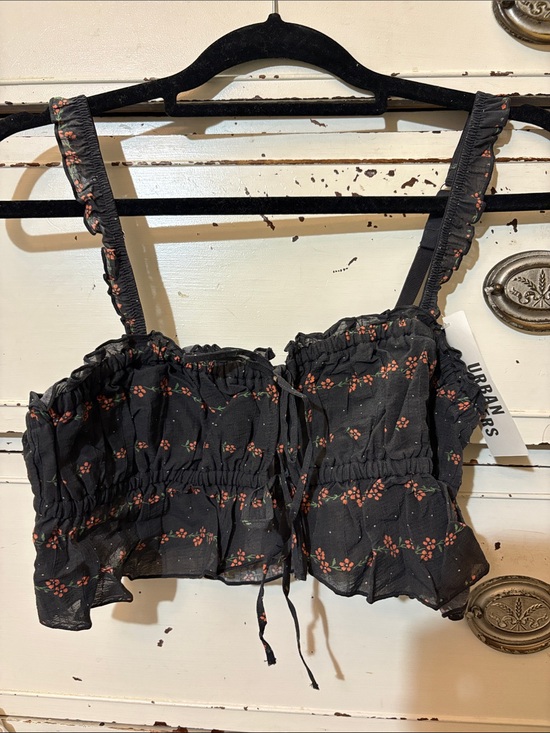 Urban Outfitters Tops - New Urban Outfitters Black Floral Ruffle Smocked Crop Top, M
